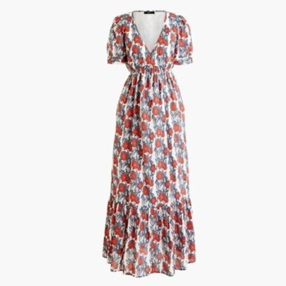 J. Crew V-Neck Maxi Dress Poppy Print AO996 Red Blue White Short Sleeve Large